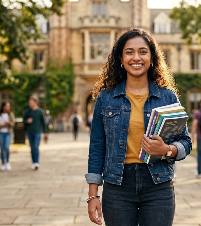 Happy student holding books - ready for college admission